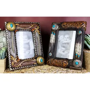 Set Of 2 Rustic Southwestern Boho Feathers Turquoise Gems Scroll Picture Frames