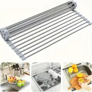 Foldable Sink Drying Rack, Over Sink Dish Drying Rack, Silicone Wrapped 18.5" W x 13.4" L Large Over The Sink Roll Up Dish Drainer - Rolling Drain Mats Anti-Slip Multipurpose for Kitchen Counter