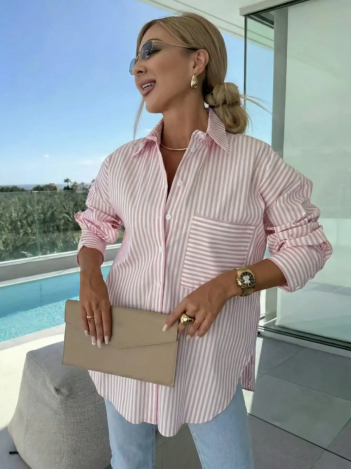 Women's Fashion Lapel Shirt with Chest Pocket, Striped Design, Stylish, Casual and Comfortable, Perfect for Daily Wear and Office, Button Up Blouse, Business Casual Top