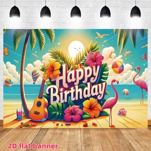 Hawaiian birthday party background banner, summer beach birthday party decoration, polyester material, Happy Birthday, tropical Hawaiian Aloha flamingo flower palm leaf photography background, birthday party decoration, home decoration, Decorative Banner