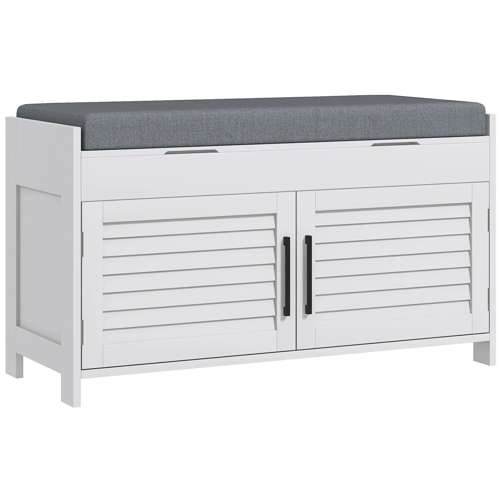 HOMCOM Shoe Bench, Entryway Bench with Shoe Storage, Cushion, Hidden Compartments, Adjustable Shelves and Shutter Doors, 35.4" Shoe Organizer for Entryway, Hallway, Holds Up to 352 lbs., White