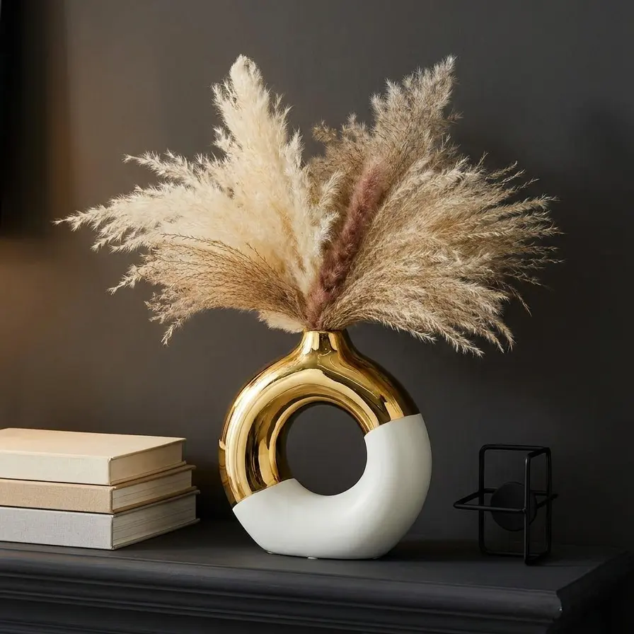 Plain Modern Bohemian Platinum Ceramic Ellipse Decorative Vase - Aesthetic Home Decor, Living Room Decor, Boujee Home Accessories, Dried Flower & Reed Holder, Special Occasion Souvenir