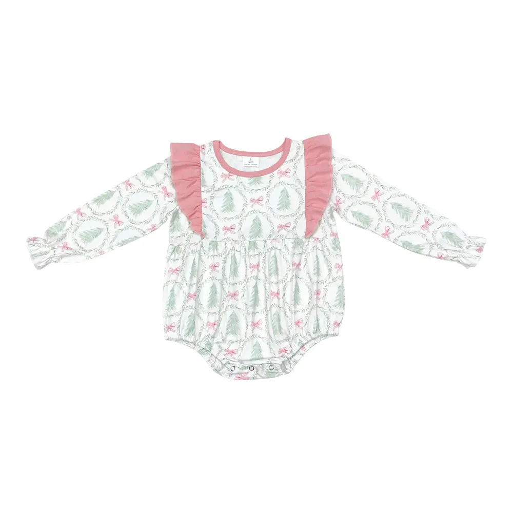 Baby Girl Christmas Tree Bubble Romper, Soft Milk Silk Long-Sleeve Holiday Bodysuit with Easy-Change Snaps for Infants & Toddlers, Baby Girl Clothes, Infant Toddler Clothes, Crew Neck, Snap Buttons, Easy Changing, 2T, Festive Tree Print Pops, Printed Patt