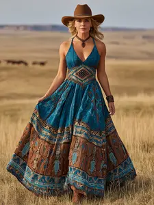 Vintage Western Style Halter V-Neck Long Dress, Ethnic Geometric Print Waist Cinch Vacation Dress, Boho Chic Summer