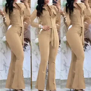 1pack Women's Autumn and Winter Button Lapel Bootleg Pants Workwear Bag Jumpsuit Containing Belt Womenswear OverallsElegant