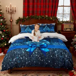 Merry Christmas Kids Duvet Cover Setsnowflake Christmas Tree Bowknot Bedding Set,Girls Boys Adults Xmas Decor,Blue Gradient Line Glitter Comforter Cover,Romantic Quilt Cover