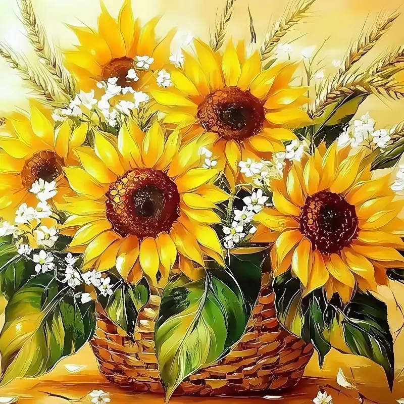 5D Full Drill Vibrant Sunflower Bouquet in Wicker Basket with White Daisies & Wheat Diamond Painting Kit - Cheerful Harvest Charm | DIY Gift for Thanksgiving, Mother's Day & Birthdays | Bright Wall Art for Kitchens, Dining Rooms & Cheerful Spaces