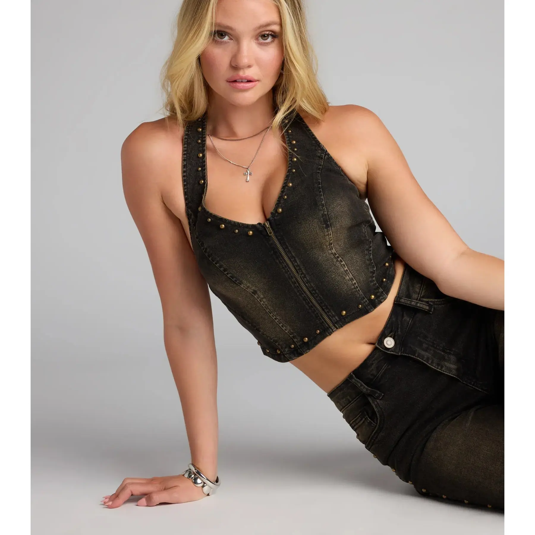 Studded And Snatched Denim Crop Top