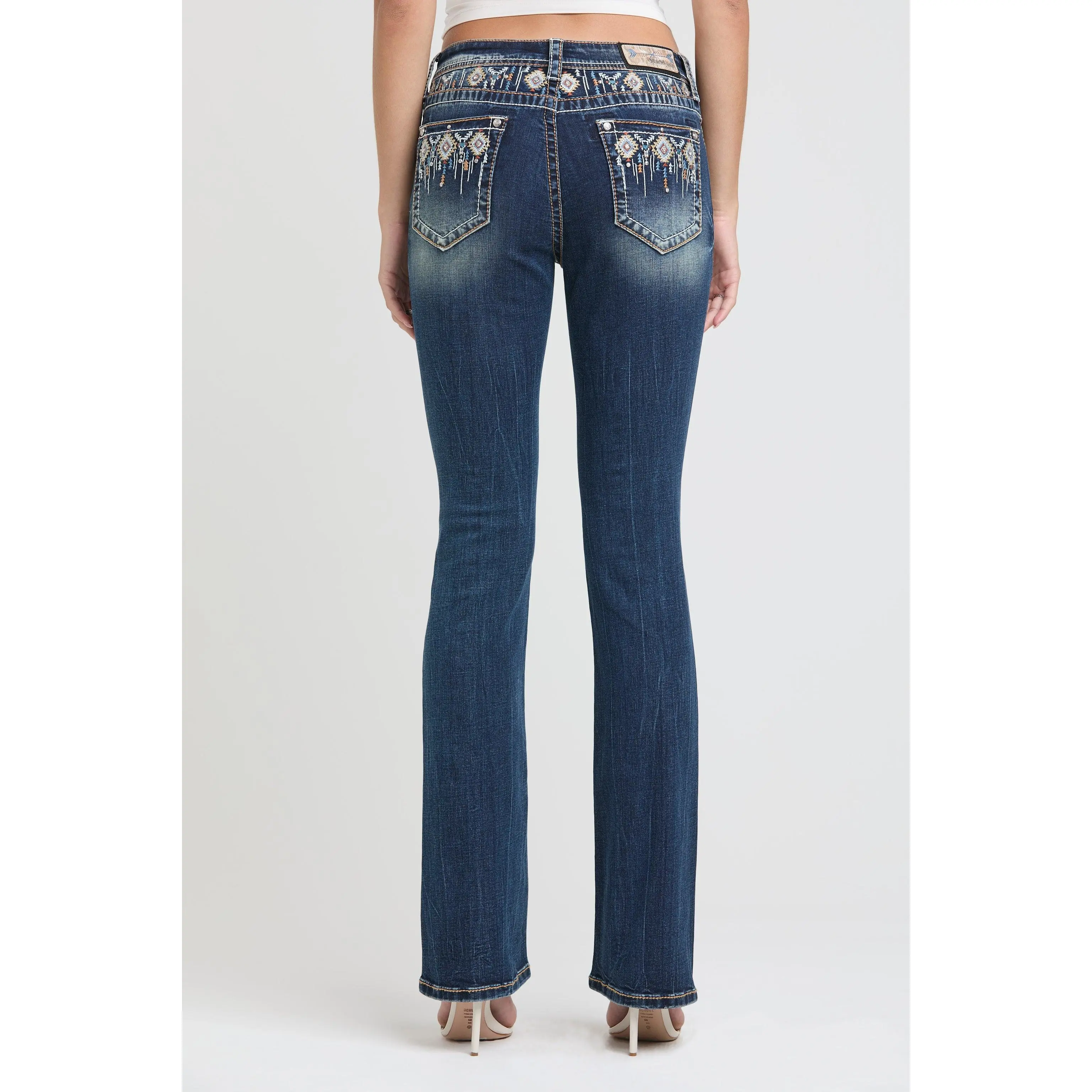 Aztec Feather Colorful Embroidered Bootcut Jeans Women Mid Rise Western Yoke Detail Denim