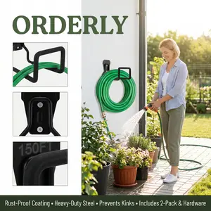 2-Pack Heavy Duty Garden Hose Holder, Wall Mounted Water Hose Hanger for Outside, Garage Storage Hooks for Extension Cords & Tools, Rustproof Metal Organizer (Holds up to 150FT Hose)