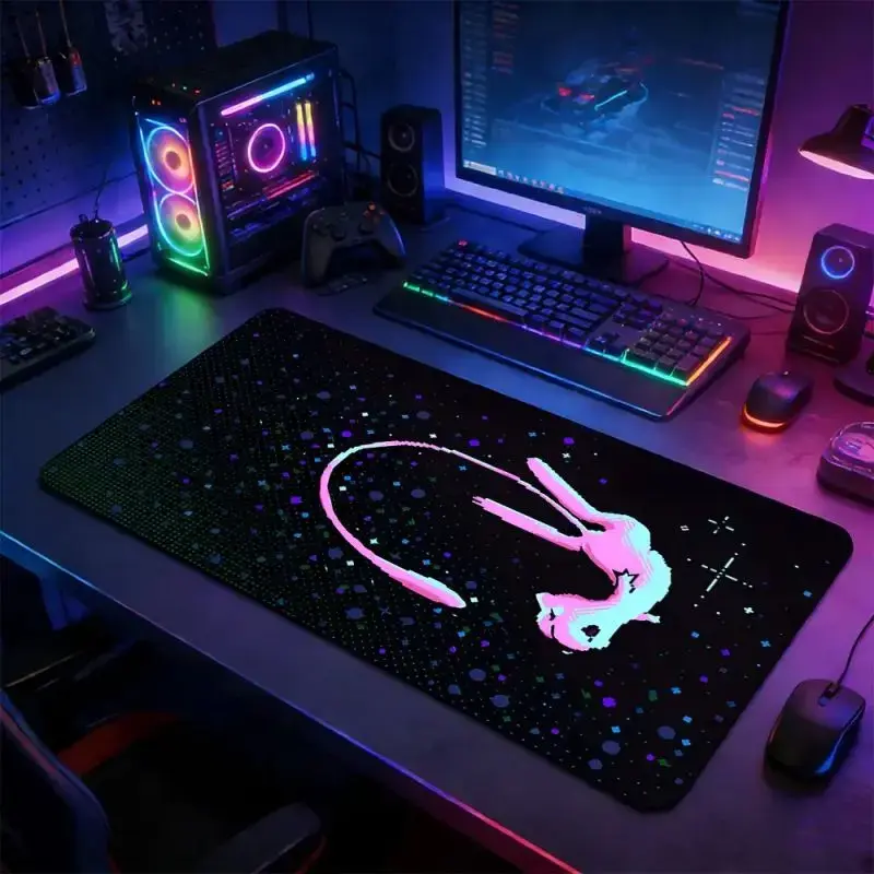 Unisex Large Rectangular Neon Mew Space Pixel Gaming Mousepad - Non-Slip Rubber Base, Stitched Lock Edge Desk Mat, Vibrant Cyberpunk Theme Art, Durable Home Desk Accessory for Gaming Setup, Gamer Gift