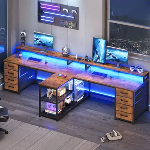 SEDETA 94.5 Inch 2 Person Gaming Desk Long Office Computer Desk with LED Lights 8 Storage Drawers Power Outlet