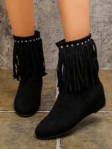 Women's Western Style Fringe Mid-Calf Boots, Flats Round Toe Design, Fashionable Trendy Footwear for Women, Perfect for Casual Wear, Pull On Boots