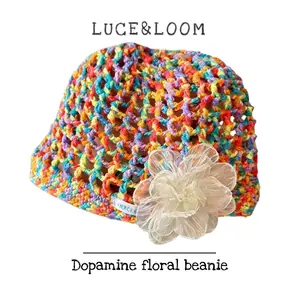 【LUCE&LOOM】Handmade Crochet Floral Beanie | Dopamine Soft Girl Knit Hat | Breathable Hollow Design | Stretch Fit for Daily & Vacation