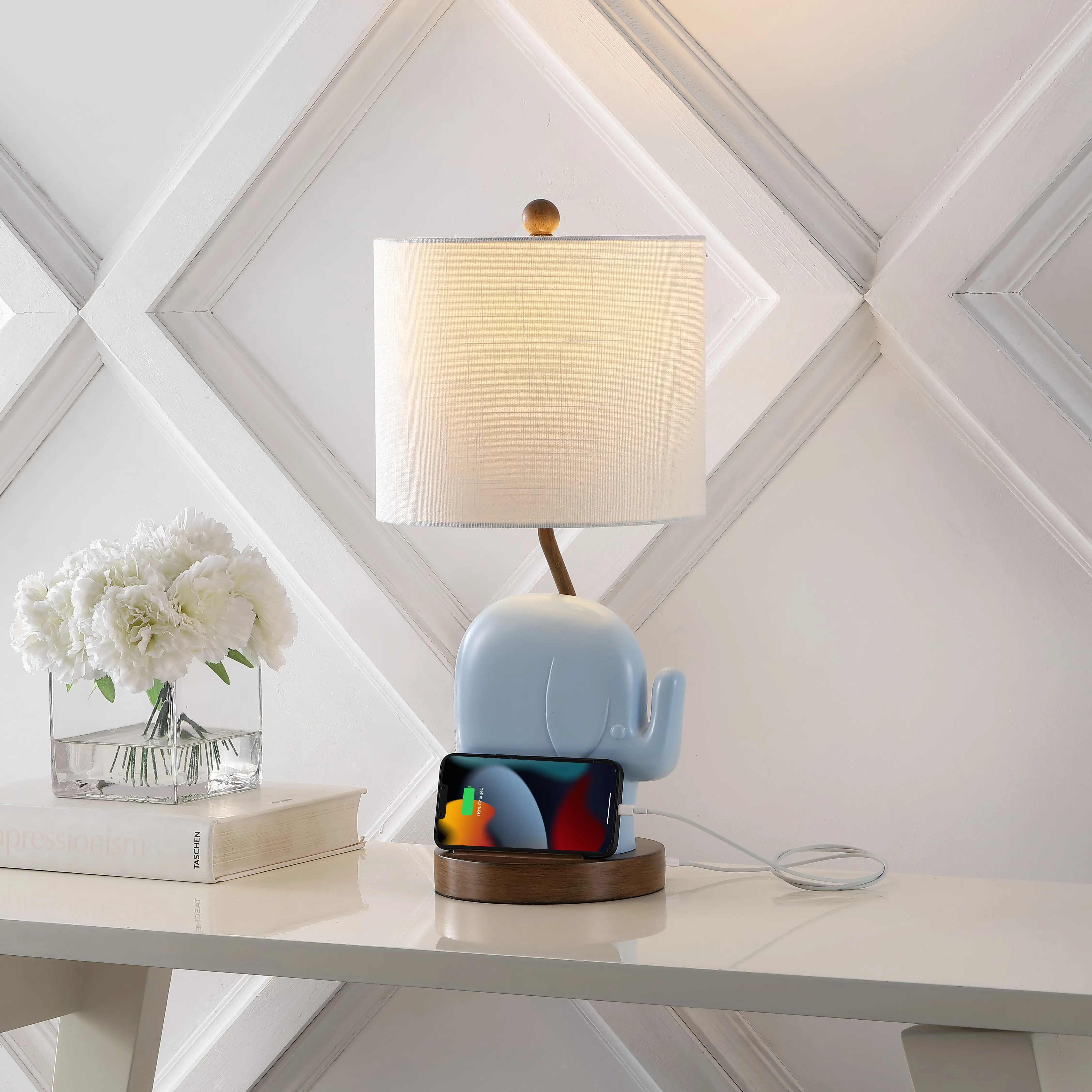JONATHAN Y Ellie Bohemian Iron/Resin Elephant LED Kids' Table Lamp - Decorative Home Decor Light with Phone Stand, USB Charging Port, Bases & Shades (USB Power Lamp for Bedroom, Dorms)
