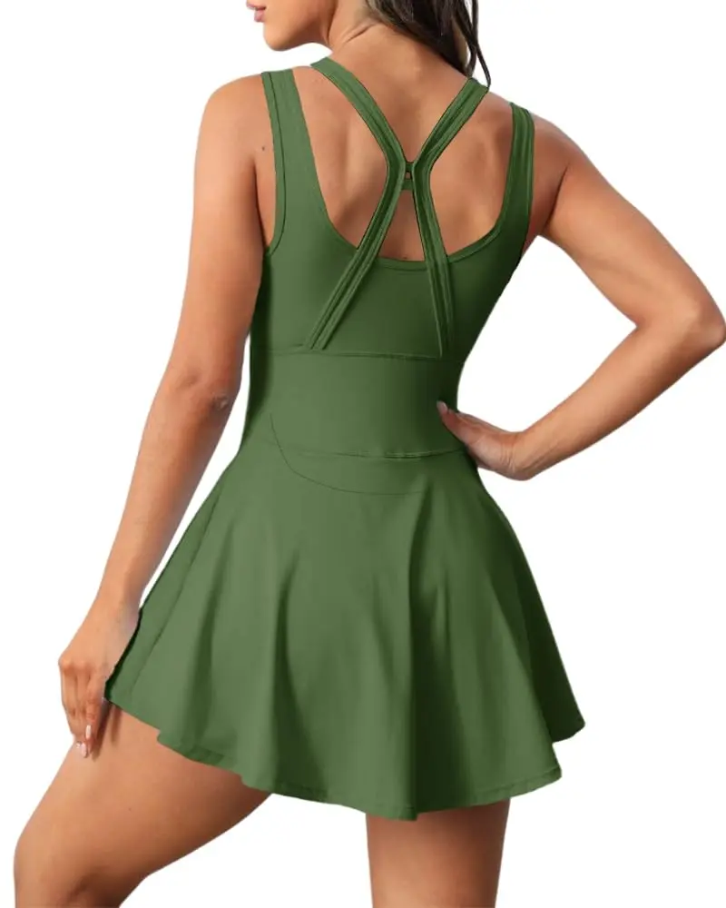 Fisoew Women's Sleeveless 2-in-1 Sporty Tennis Dress - Athletic Active Casual Single-Piece Pocketed Dress with Built-in Shorts for Tennis, Golf, Athletic Dress