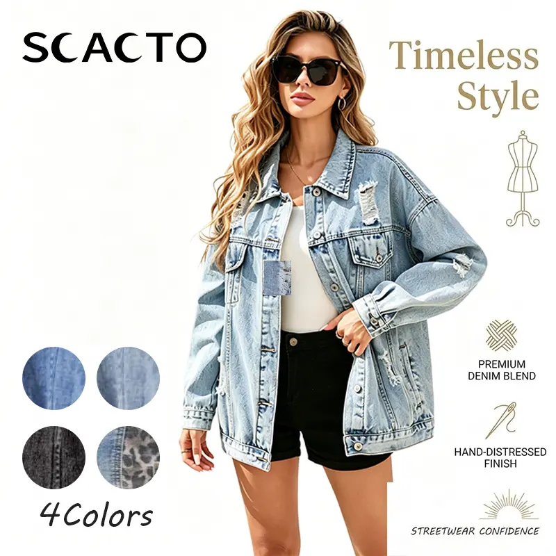 Scacto Women's Baggy Boyfriend Denim Jacket - Long Sleeves, Button-Down Collar, Ripped, Distressed, Tassel Fringe Detail, Comfortable Fabric, Plus Size, Pockets, Casual Everyday Outerwear, Check Pattern, Suitable for Dating, Work