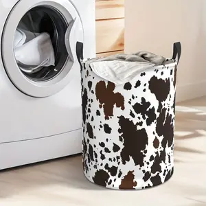 Farmhouse-style Cow-print Laundry Basket - Foldable Round Basket with Handle for Storage, Durable Oxford Cloth Storage Bin 19.6x15.7 Inches, Suitable for Bathrooms, Bedrooms, Laundry Rooms - Rural Animal Design for Storing Clothes and Toys
