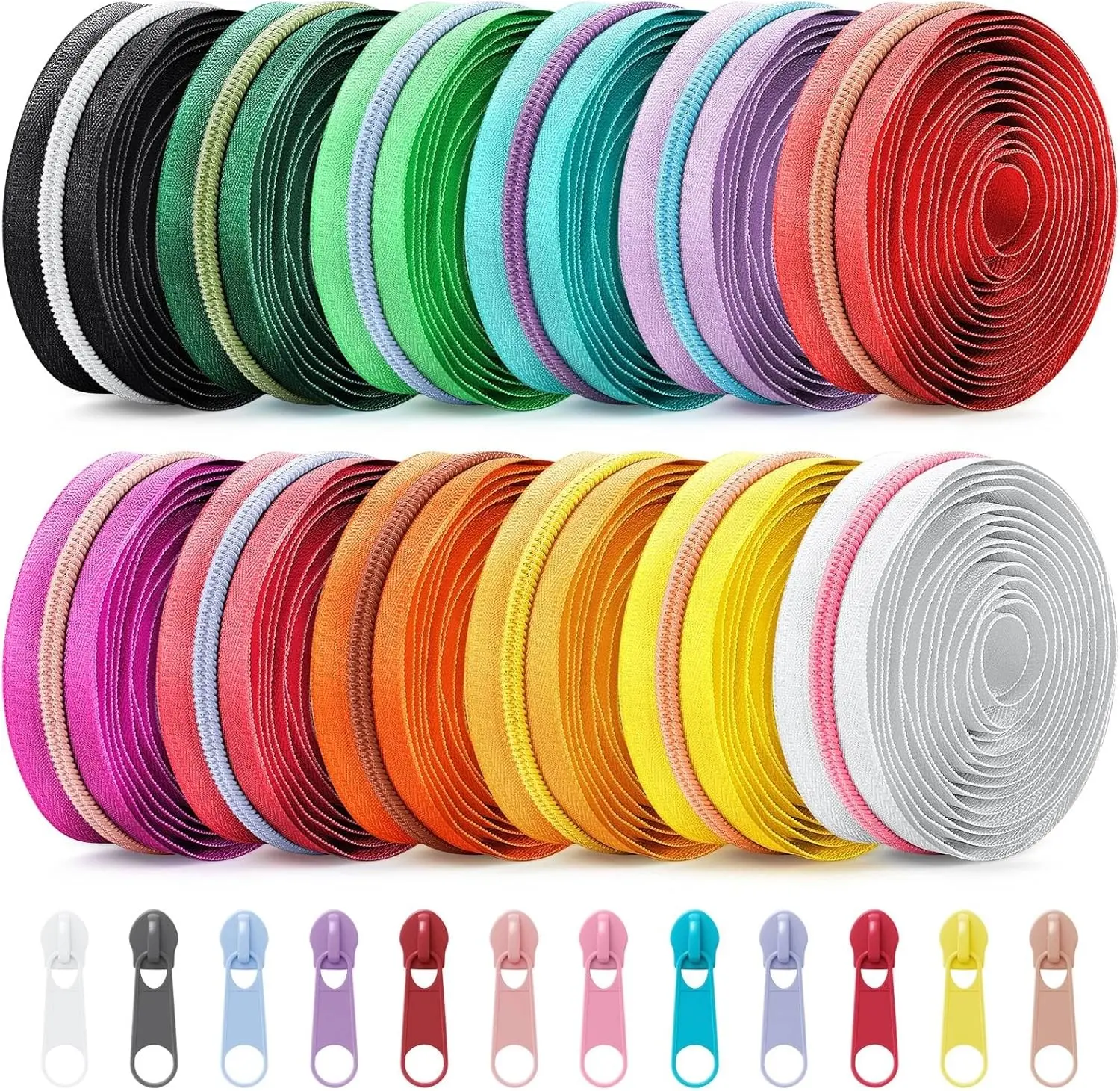 12 Pcs 36 Yards Colourful Zippers for Sewing #5 Nylon Contrasting Colors Assorted Zipper by the Yard with 120 Sliders for Women Men DIY Tailor Bag Garment Crafts Supplies (Bright Color)