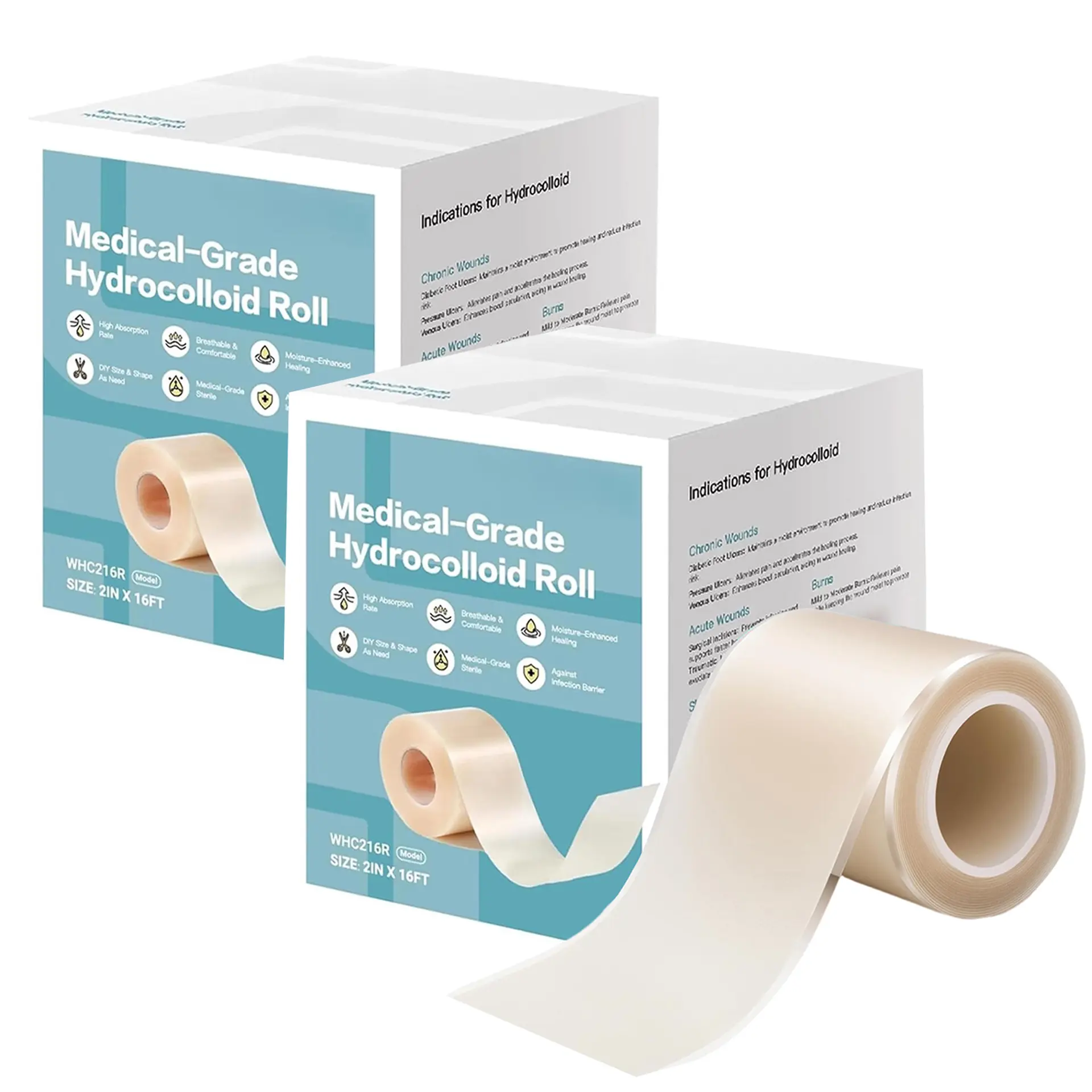 Hydrocolloid Wound Care Roll - 2in x 12ft Cut-to-Size Extra Large Patches, Self-Adhesive, High Absorption, Flexible, Waterproof, Secure Fit First Aid & Acne Pimple Care Essential Healthcare Scar Tape, Bandage, Ultra Absorbent
