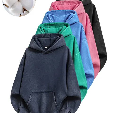 Vintage washed distressed hooded sweatshirt for men and women, fleece lining with a brushed texture, loose pullover design