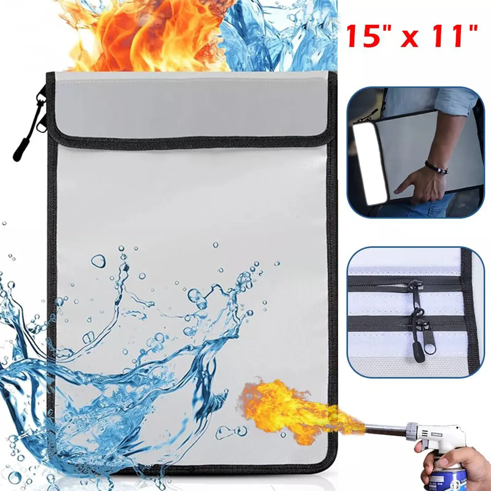 HOMEYA Upgraded Two Pockets Fireproof Document Bag (2000℉), 15”x 11”Waterproof Fireproof Money Bag for Cash with Zipper, Important Document Storage Organizer for Valuables, Legal Documents Safe Pouch