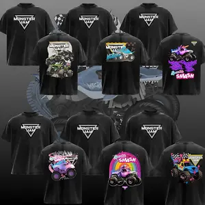 Monster Jam Collection Vintage Washed Black T-Shirt Monster Truck Racing Graphic Tee Off Road Trucks Megalodon Sparkle Smash Retro Motorsports Streetwear Oversized Unisex Shirt Gift for Monster Truck Fans
