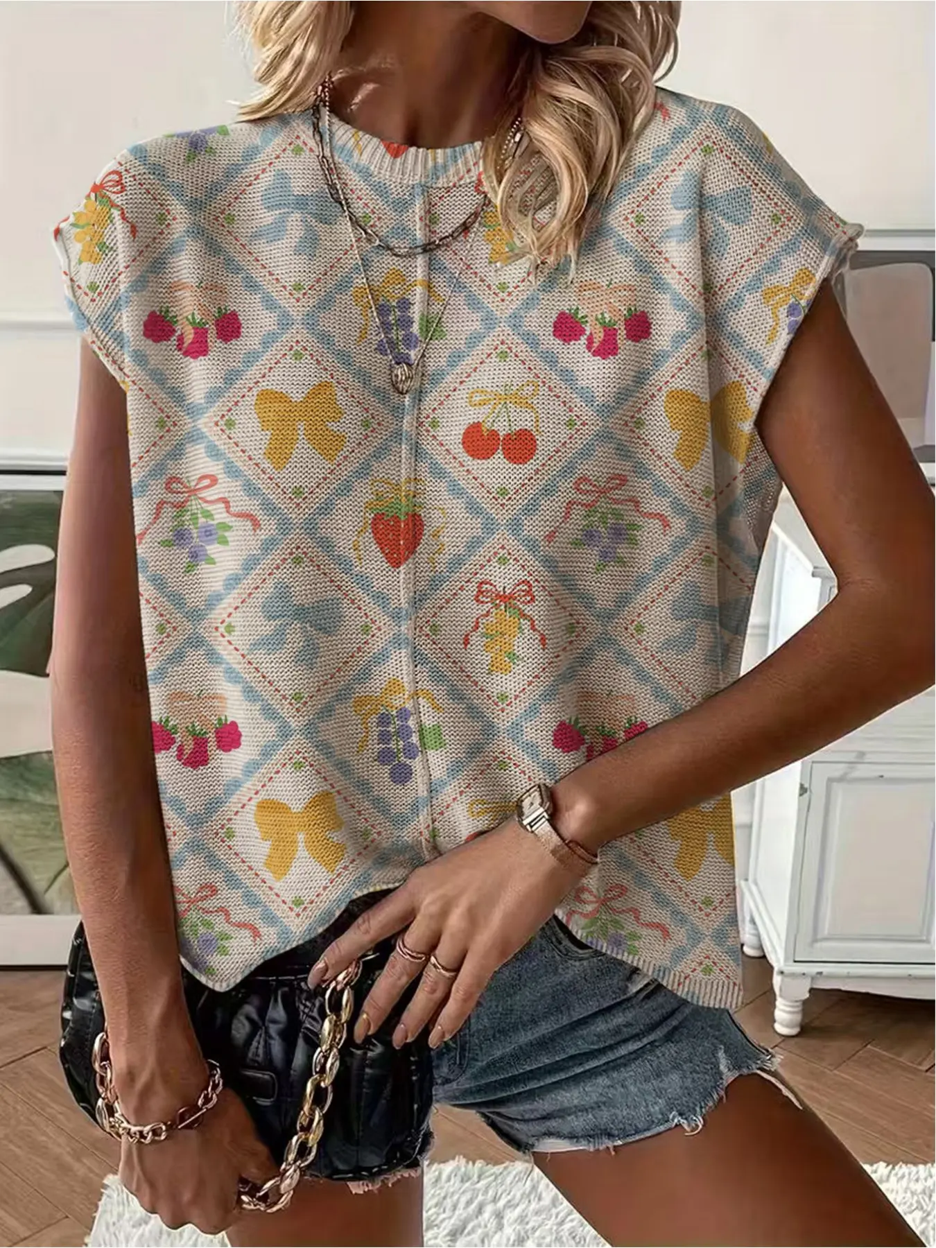 Spring/Summer crew neck drop-shoulder loose fit plaid splicing fruit print short-sleeve women's knit top, vacation style, casual elegant commute, ladies short-sleeve knit top, bikini cover-up.