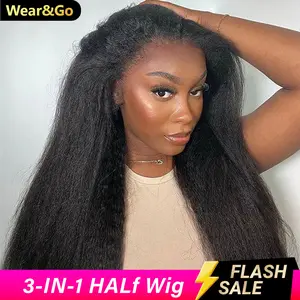 [Wear Go HALF-Wig] OQ HAIR Kinky Straight Human Hair Half Wig Seamless Flip Over Wig 3 IN 1 Wear Go Glueless Wig Invisible Hair dealsforyoudaysline Beginner Friendly Vacation Hair Outdoorfun #SummerVibes
