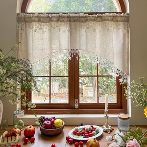 Vintage Swag Valance Farmhouse Linen Kitchen Valance with Star Trim Filtering Arched Curtain Tiers Semi Sheer for Kitchen Window Doorway Rod Pocket 1 Panel