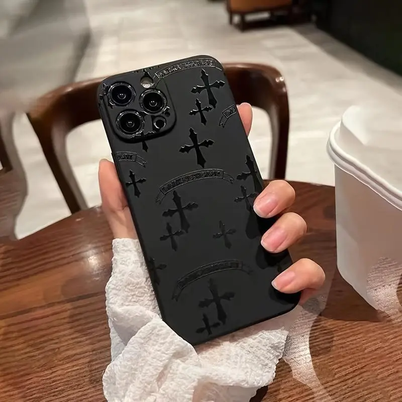 High-End Black Silicone Smartphone Case - Straight-Edge Design, Cross-Hatch Texture, Unisex Cover for iPhone 11,12,13,14,15,16 Pro Max Plus,17 Pro Max - Casing with Camera Protection, Cellphone, Accessories
