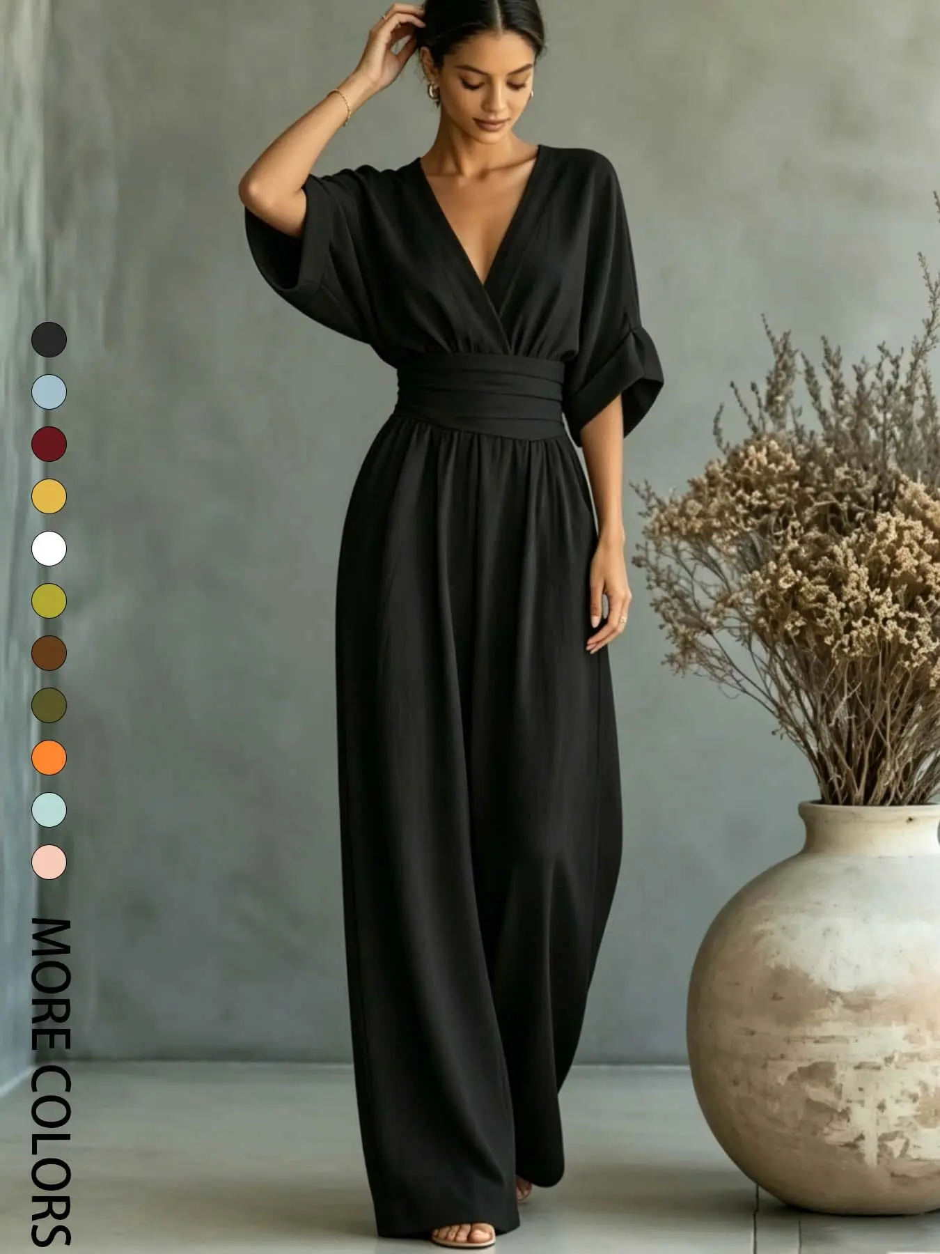 Summer V-neck one-piece wide leg pants with cinched waist for slimming effect, bubble sleeve design, suitable for daily travel, afternoon tea, commuting Solid Color Jumpsuit, Waistband Jumpsuit, Plain Jumpsuits