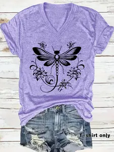 Women's V Neck Short Sleeve Vintage T-Shirt, Casual Loose-Fit Summer Top, Casual Printed Animal & Letter Print Pattern, Comfortable Breathable Lightweight Knit Fabric, S-Xxl Sizes Womenswear