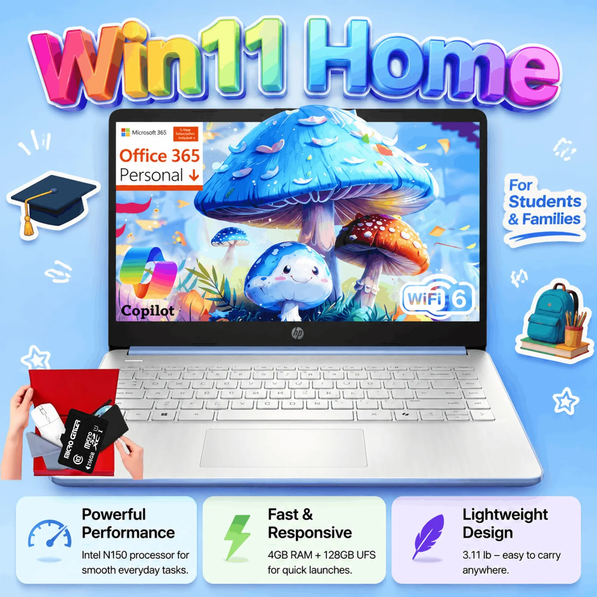 HP 14‑Inch Slim Lightweight Student Laptop, Intel N150 Processor Up To 3.6 GHz, 4GB RAM, 128GB Storage,1-Year Office 365,Windows 11 Home Notebook, Ideal For Schoolwork & Everyday Use, Bundle Accessory Included, Blue