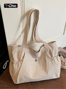 Beige drawstring pocket large capacity Slouchy Tote bag, lightweight commuter/casual bag, suitable for commuting, shopping, travel, etc.