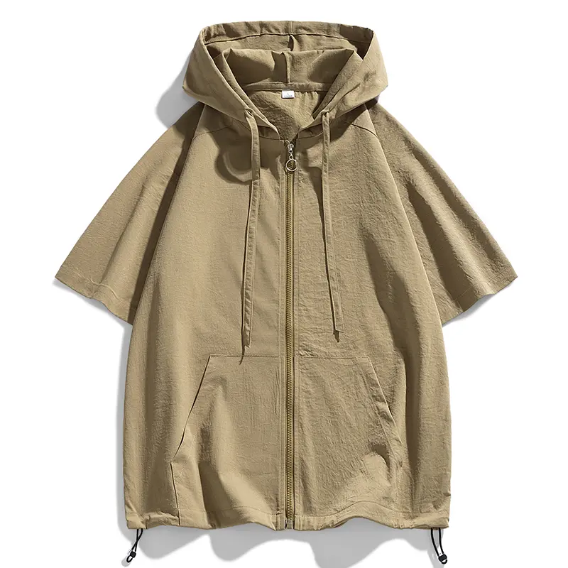 Men’s Short-Sleeve Textured Zip-Up Hooded Shirt Jacket - Plain Solid Color, Lightweight Foldable Streetwear, Premium Quality, Versatile Everyday Menswear Top, Valentine's Day Gift, Zip Up Hoodie, Valentines Day, Textured Look