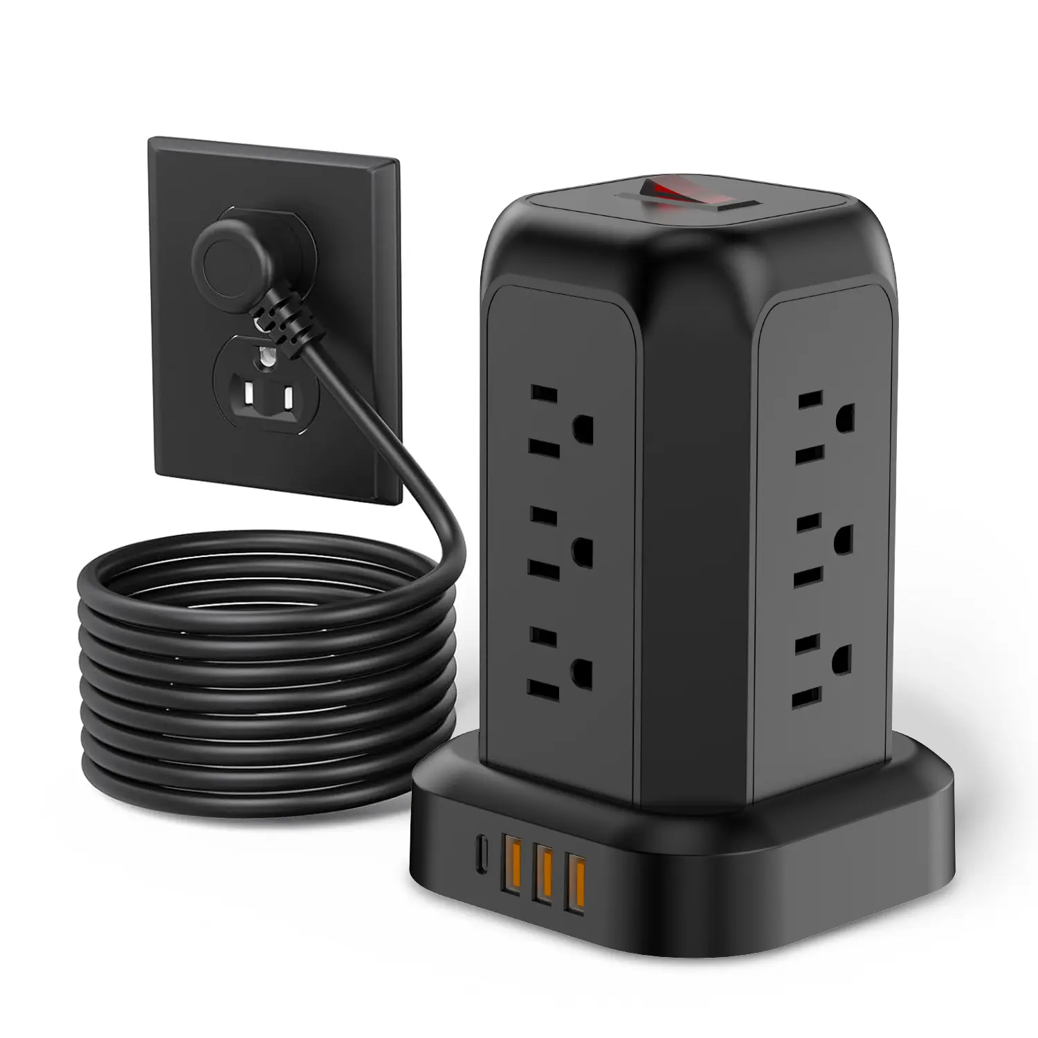 Surge Protector Power Bar Tower with 3 USB Type C Ports, 5ft Extension Cable with 12 Ac Multi-Sockets Power Tower, Overload Protection for Home Room Office and Dormitory vertical powerstrip