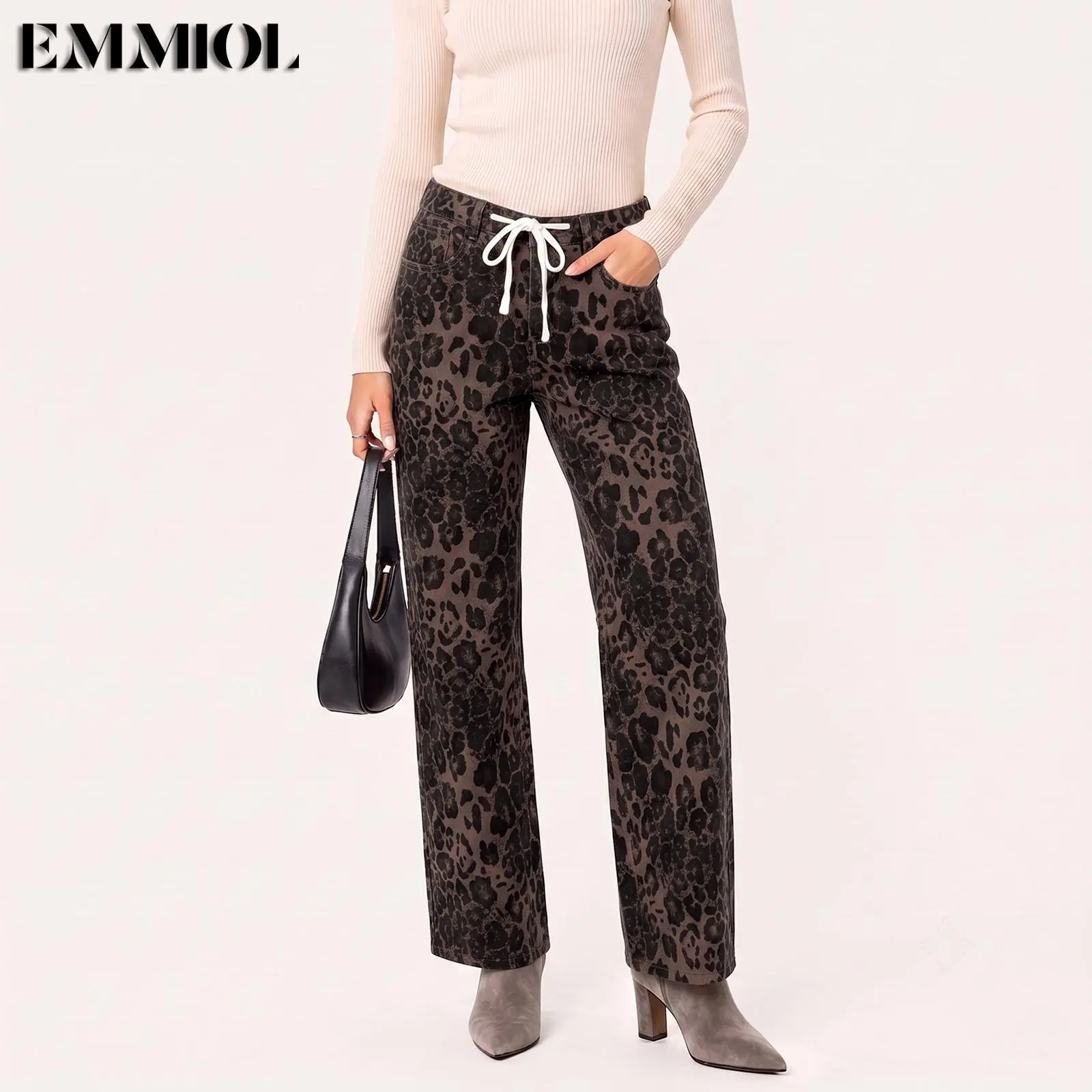 EMMIOL【Back to School】Vintage Brown Leopard Print Wide Leg Jeans | High Waist Baggy Denim Pants, Drawstring Waist, Functional Pockets, Y2K 90s Aesthetic, Fall Winter, Back To School New Arrival