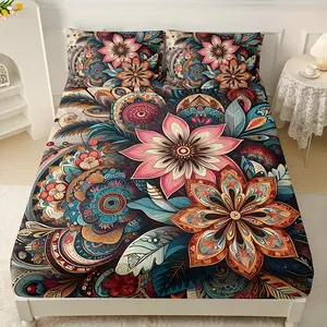 3pcs Printed Bohemian Mandala Floral Fitted Sheet Set (1 Fitted Sheet + 2 Pillowcases, Pillow Inserts Not Included), HD Print for Home and Dorm Use