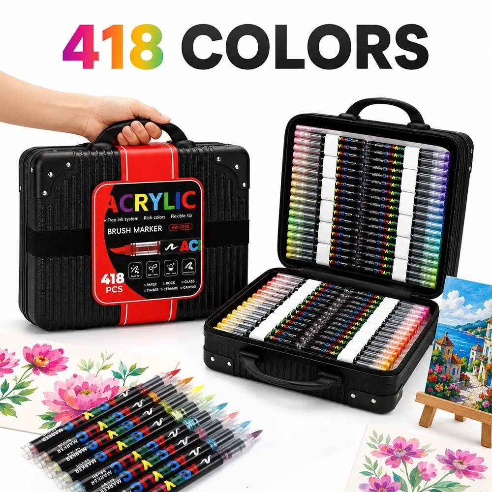 418 Colors Acrylic Markers Set, Detachable Hard Case, Soft Brush Tips, Fast-Drying Waterproof Ink, Ideal for Artistic Creations, Art Supplies
