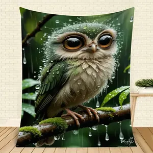 Adorable Baby Owl in Rainy Forest Wall Tapestry with Water Droplets & Mossy Branch