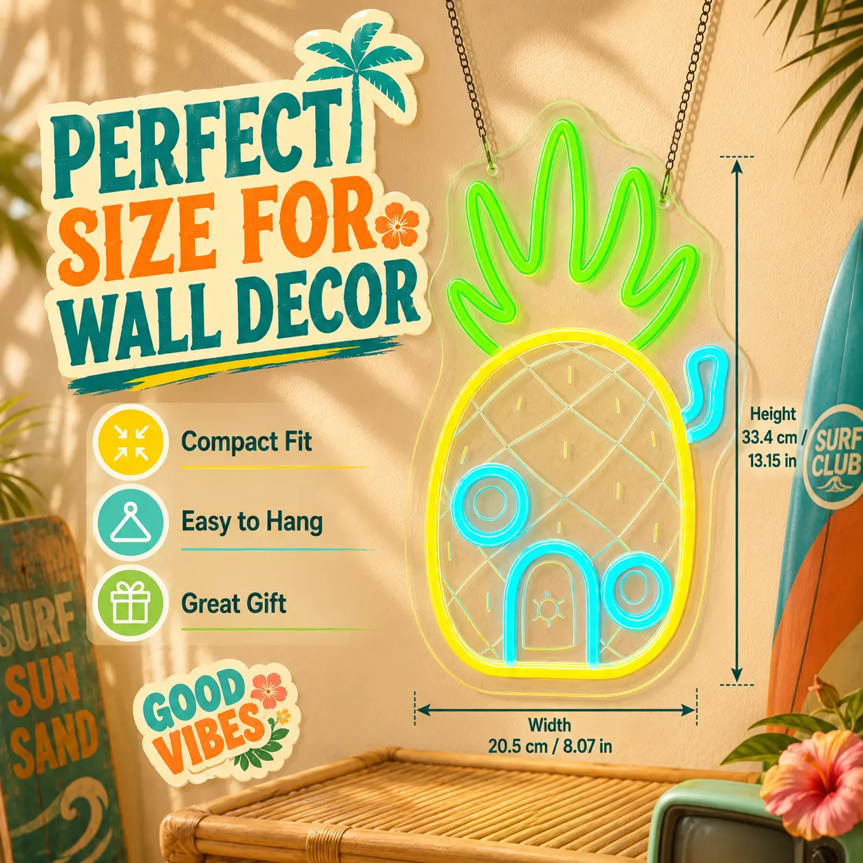 Tropical Pineapple Neon Sign LED Wall Light - Cute House-Shaped Acrylic Lamp with Yellow, Green, Blue Lights, USB-Powered Dimmable Wall Decor, Beach Aesthetic Mood Lighting, Gift for Home Bar