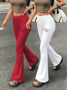 Women's Casual Flared Yoga Pants, Stay Positive & Dream Big Letter Print, Drawstring Waist, Fitted, Long Regular Fit, All Seasons Wear, Bottom