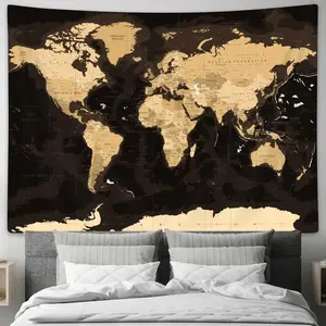Old World Map Tapestry, Black Map Educational Wall Tapestry, Vintage Asia Europe South City Topography, 60X40 Inch Wall Decor