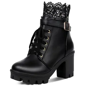 Goth Boots Chunky Heel Boot For Women Ankle Combat Booties Black Platform Bootie Buckle Rivets Punk Goth Shoes With Zipper