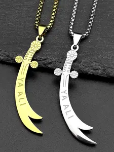 YA ALI Islamic Imam Ali Zulfiqar Sword Pendant Necklace for Women Men Stainless Steel Gold Color Amulet Arabic Chain