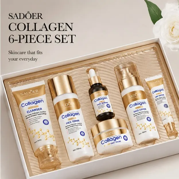 SADOER Collagen 6-Piece Liquid Skincare Set for Female Adults - Non-Irritating, Lightweight Gentle Blend with Cleanser, Lotion, Serum, Moisturizer - Smoothening, Hydrating Daily Care for All Skin Types, Gift Option, Hydrate