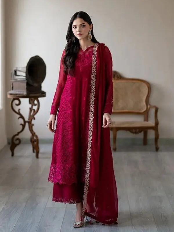 DESIGNER GEORGETTE EMBROIDERY SEQUENCE WORK TOP PALAZZO WITH DUPATTA MAROON