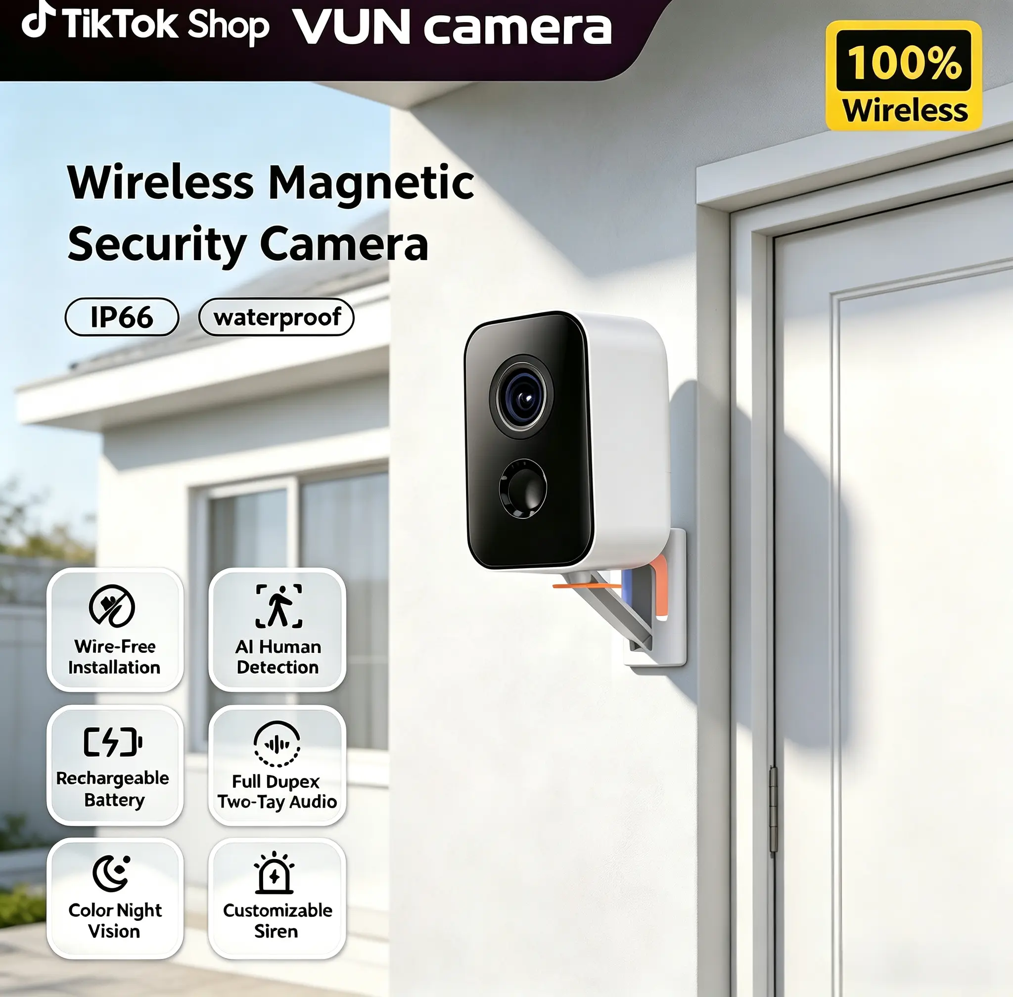 VUN 4G LTE Wireless indoor Outdoor Cellular smart Security Multi-Functional Camera with Magnetic Mount, 1080p Resolution, dual-band wifi, 180° Pan Rotation, 2-Way Audio, Rechargeable Battery, Color Night Vision, AI Detection, IP65 Weatherproof for Garage