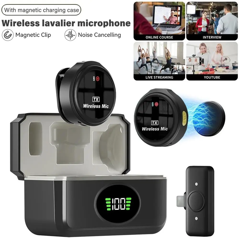 Wireless lavalier microphone for iPhone and Android, mini Compact clip on laptop microphone with charging case, Rechargeable Mic, 3-level noise cancellation, 48H long battery, used for Vlog podcast live streaming, YouTube video recording